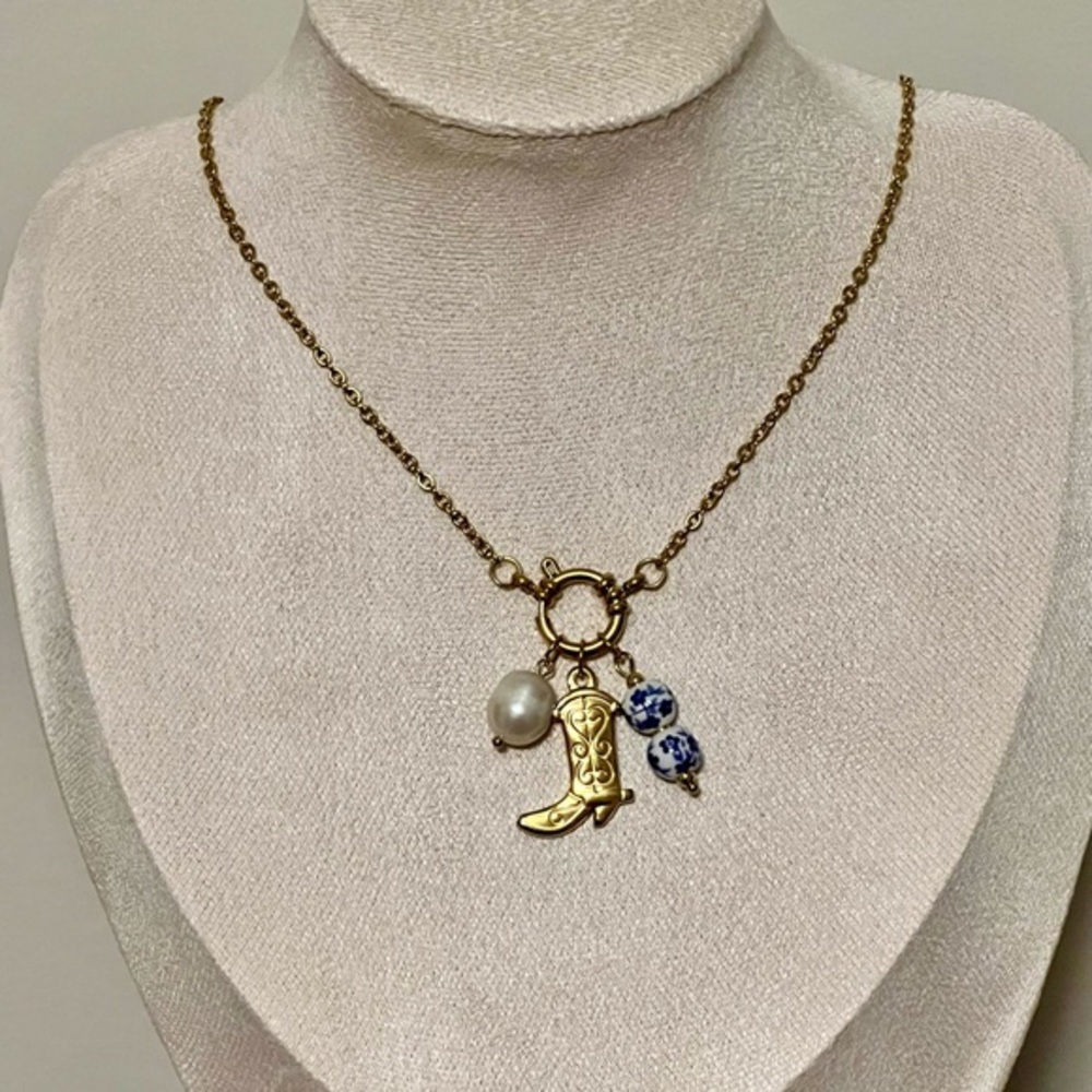 Gold Cowboy Boot Charm Necklace with Pearl & Blue Floral Bead Accents